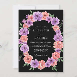 Onyx Peach Purple Wreath Wedding Invitation
