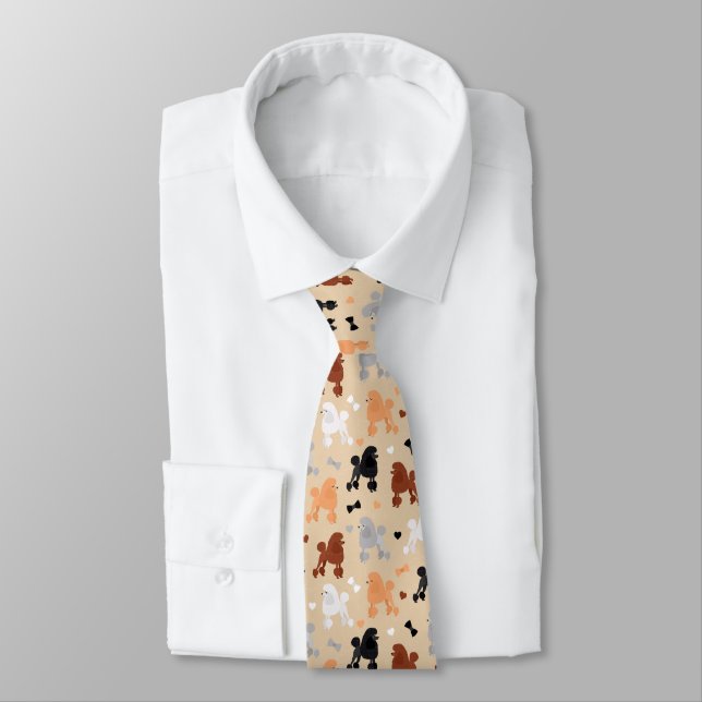 Oodles of Poodles and Bows Pattern Tan Tie (Tied)