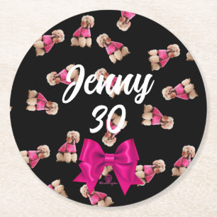 Oodles Of Poodles (Pink on Black) Party Round Paper Coaster
