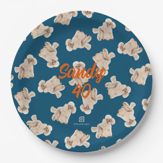 Oodles Of Poodles (White on Blue) Garden Party Paper Plate (Front)