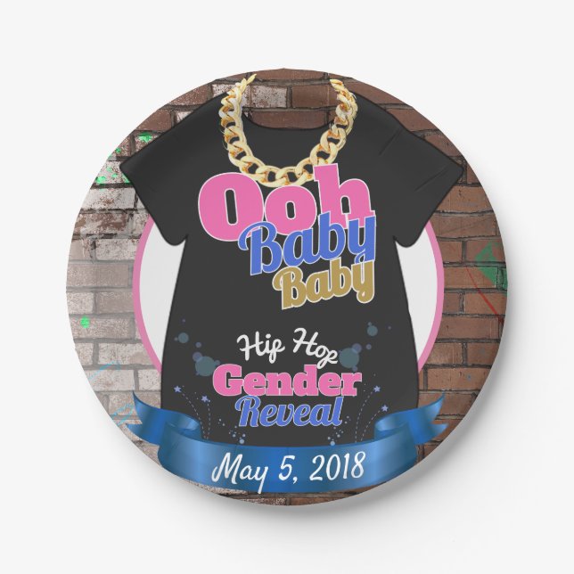 Ooh Baby Baby|Pink & Blue Hip Hop Gender Reveal Paper Plate (Front)
