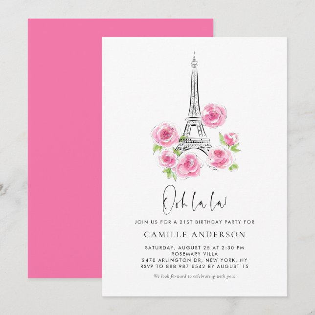 Ooh la la Eiffel Tower Pink Floral Birthday Party Invitation (Front/Back)