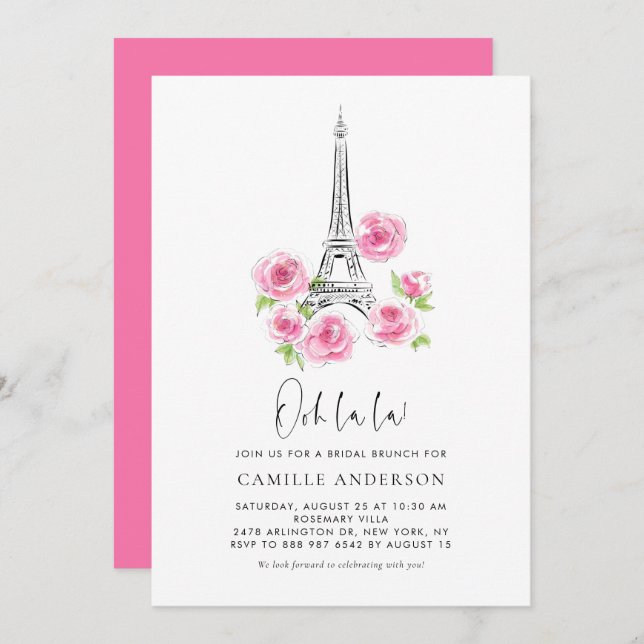 Ooh la la Eiffel Tower Pink Floral Bridal Brunch Invitation (Front/Back)