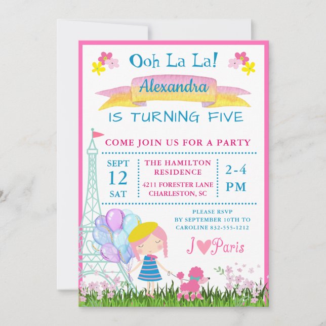 Ooh La La! French Girl & Pink Poodle Birthday Invitation (Front)