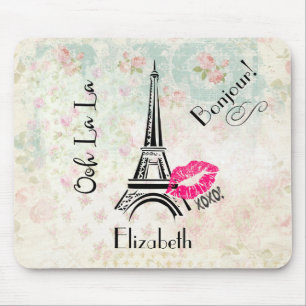 Ooh La La Paris Eiffel Tower on Vintage Pattern Mouse Pad