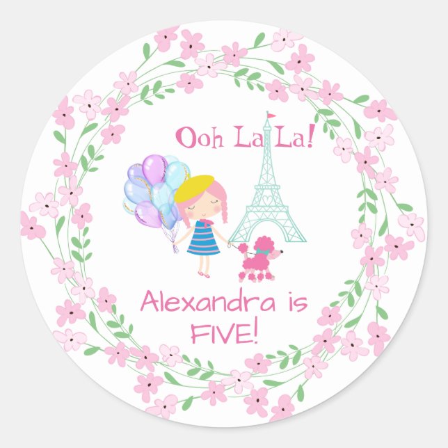Ooh La La! Paris Girl & Pink Poodle Classic Round Sticker (Front)