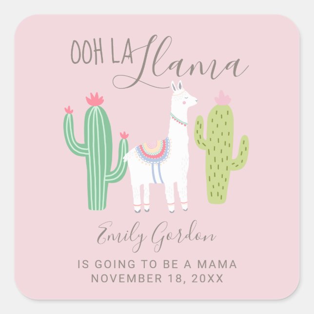 Ooh La Llama Baby Shower Cute Pink Brown Simple Square Sticker (Front)