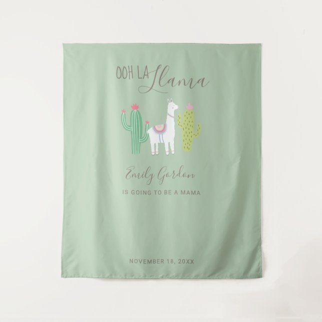 Ooh La Llama Baby Shower Green Background Cute Tapestry (Front)