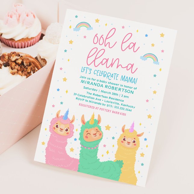 Ooh La Llama Rainbow and Stars Baby Shower Invitation (Creator Uploaded)