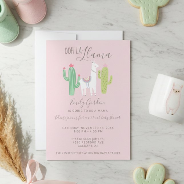Ooh La Llama Virtual Baby Shower cute pink brown Invitation (Creator Uploaded)
