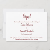 Oops! Burgundy Postponed Wedding Announcement