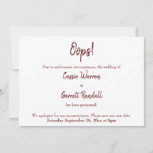 Oops! Burgundy Postponed Wedding Announcement