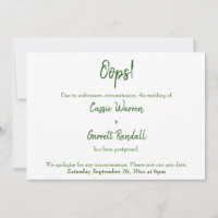 Oops! Green & White Postponed Wedding Announcement