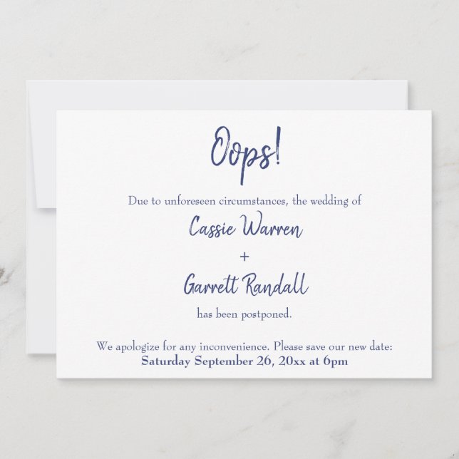 "Oops!" Navy White Postponed Wedding Announcement (Front)