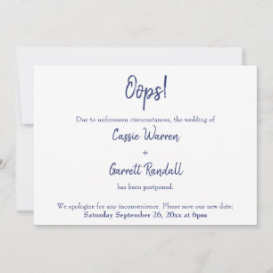 "Oops!" Navy White Postponed Wedding Announcement