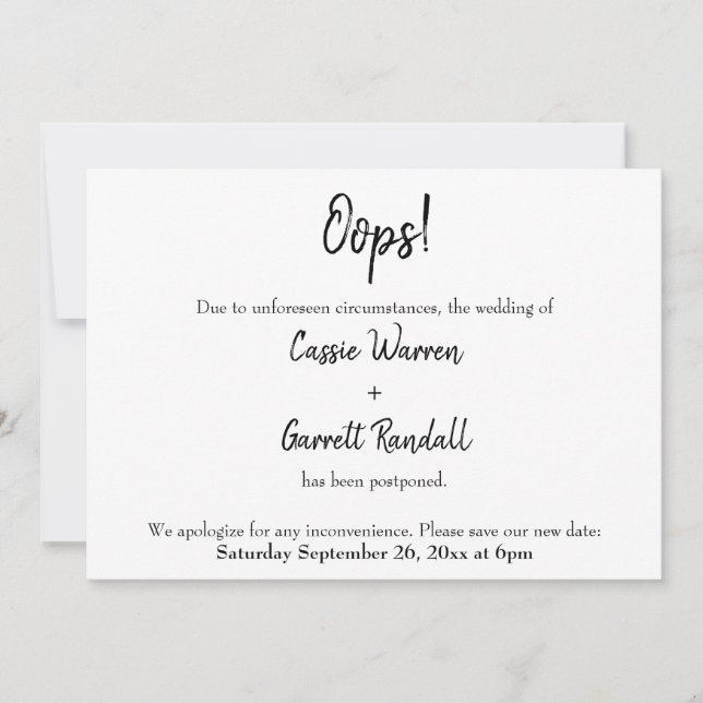 "Oops!" Postponed Wedding Announcement (Front)