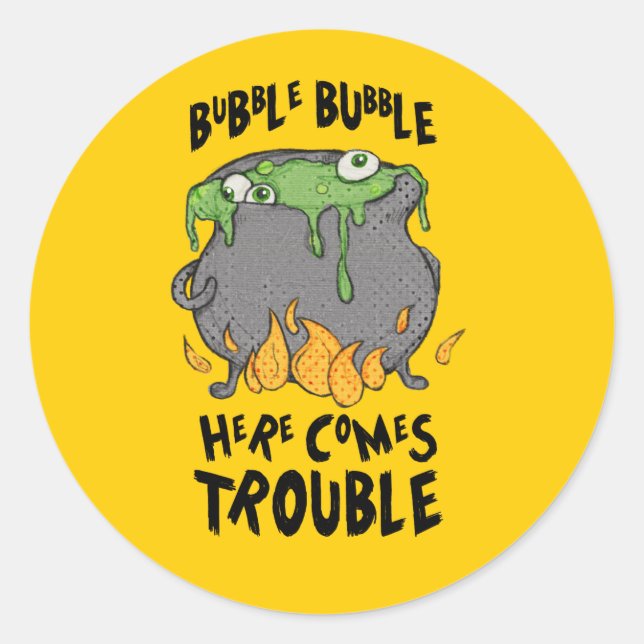 Oozy Cauldron Here Comes Trouble Halloween Sticker (Front)