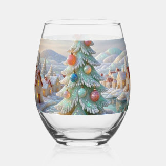 Opal Christmas Tree Pastel White Winter Village Stemless Wine Glass
