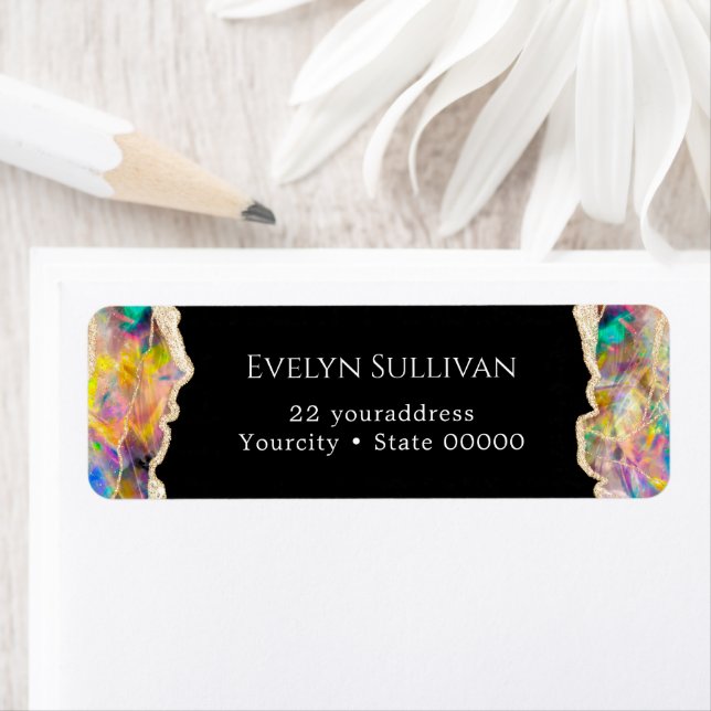 Opal design on black return address label (Insitu)