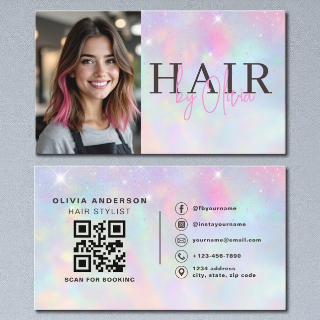 Opal Glitter Hair Stylist Photo QR Code  Business Card (Creator Uploaded)