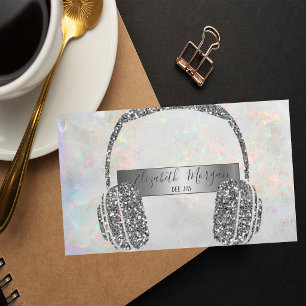 Opal Holographic Silver Glitter Headphone DJ Business Card