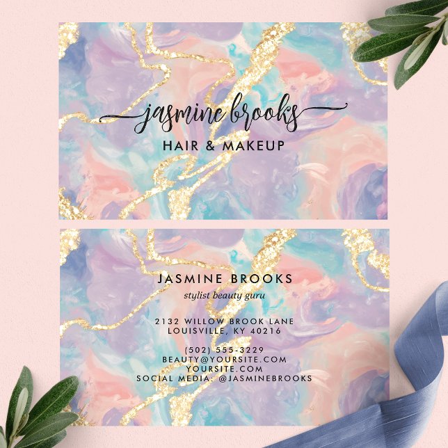 Opal Marble Pastel Gold Glitter Business Card (Creator Uploaded)