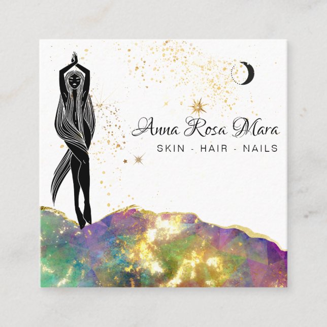 *~* Opal Opal Crystal Gold Glitter QR Goddess Square Business Card (Front)