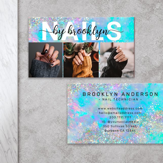 Opal Stone Iridescent Photo Typography Nail Artist Business Card (Creator Uploaded)