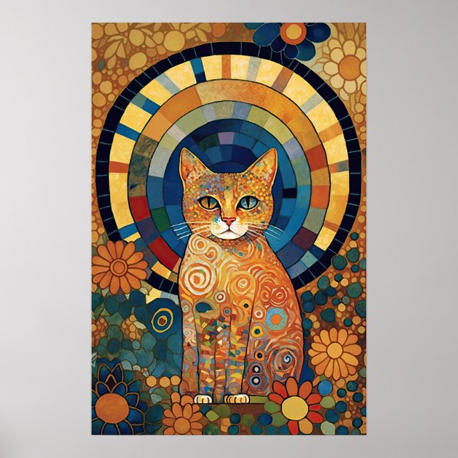 Opalescent Cat in Mosaic-Like Romanesque Design Poster (Front)