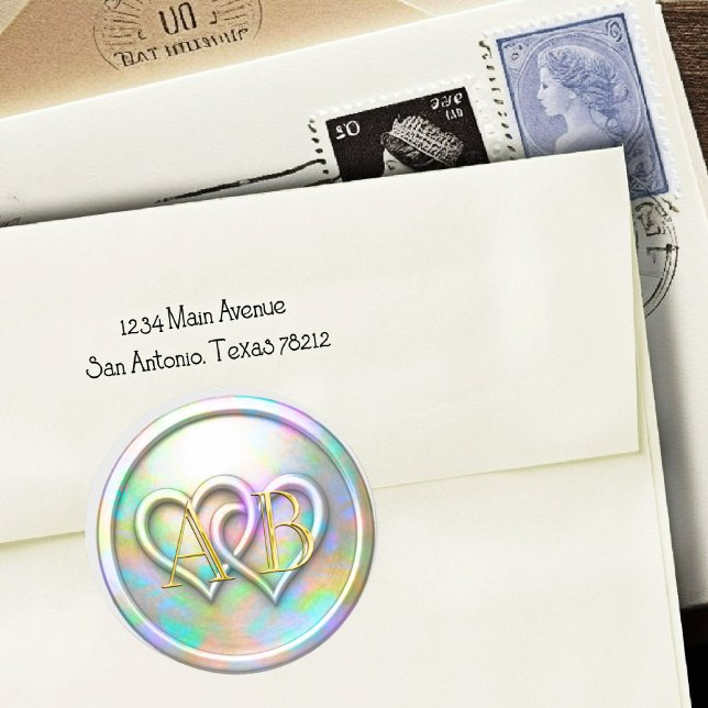 Opalescent Gold Two Hearts Gold Monogram Classic Round Sticker (Creator Uploaded)