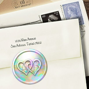 Opalescent Two Hearts Silver Monogram Classic Round Sticker