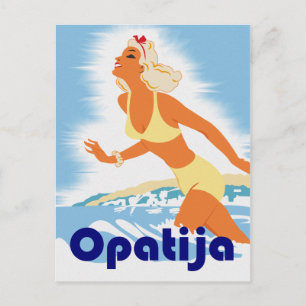Opatia, girl on the beach, vintage travel postcard