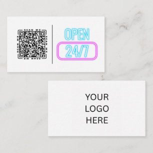 Open 24/7 Neon   Customisable QR code And Logo  Business Card