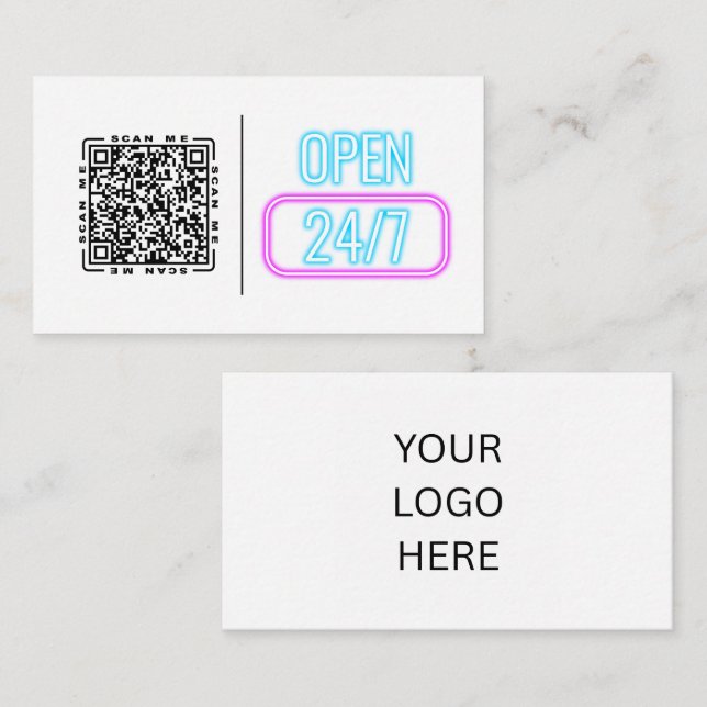 Open 24/7 Neon | Customisable QR code And Logo  Business Card (Front/Back)