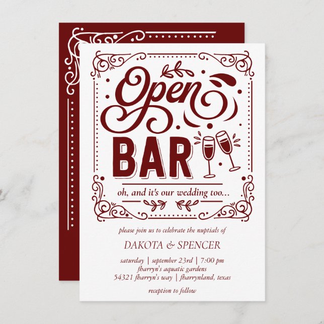 Open Bar (and Wedding) | Red and White Micro Invitation (Front/Back)