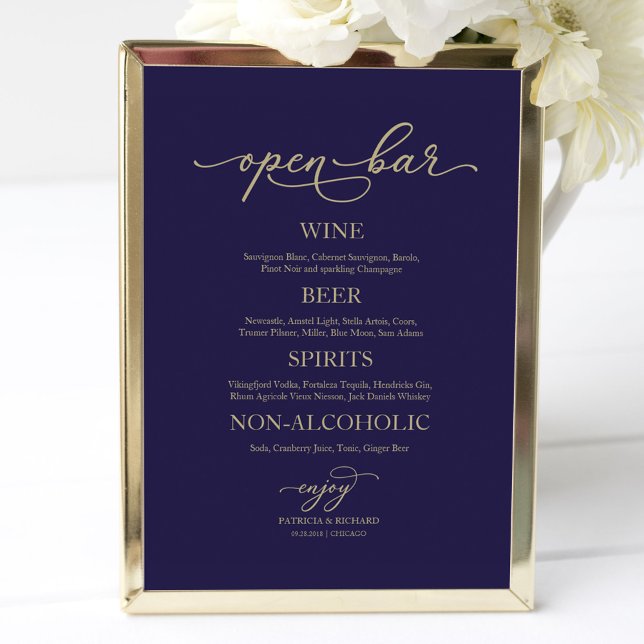 Open Bar Elegant Gold Navy Blue Wedding Sign (Creator Uploaded)