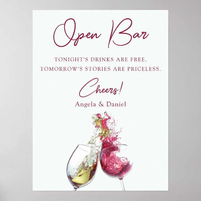Open Bar Elegant Red and White Wine Dance Wedding Poster (Front)
