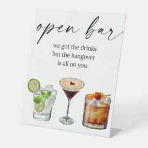 Open bar funny cute wedding watercolor cocktails pedestal sign
