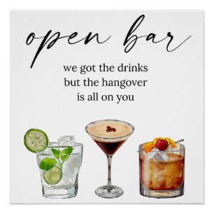 Open bar funny cute wedding watercolor cocktails  poster