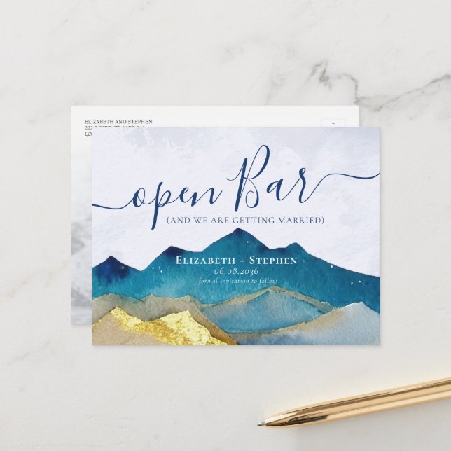Open Bar Gold Mountain Wedding Photo Save the Date Announcement Postcard (Front/Back In Situ)