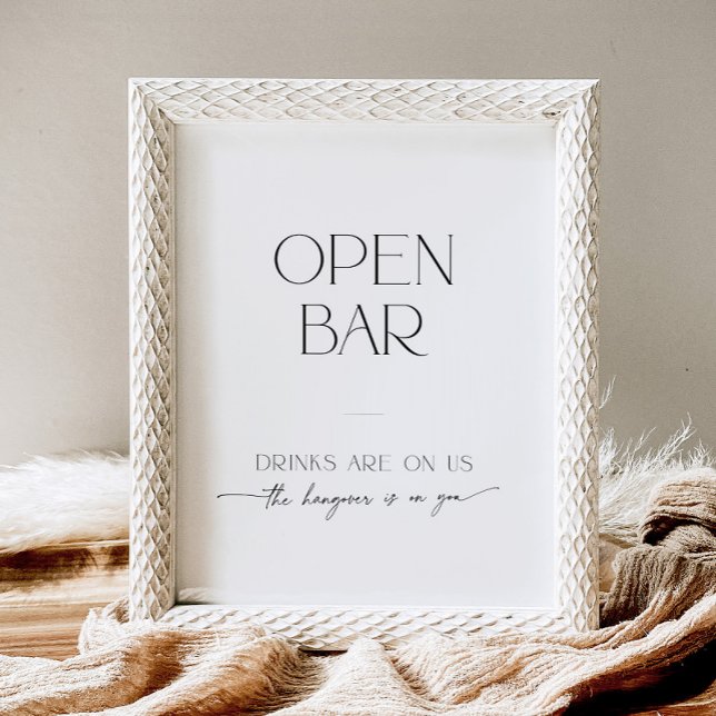 Open Bar Minimalist Black and White Script Wedding Pedestal Sign (Creator Uploaded)