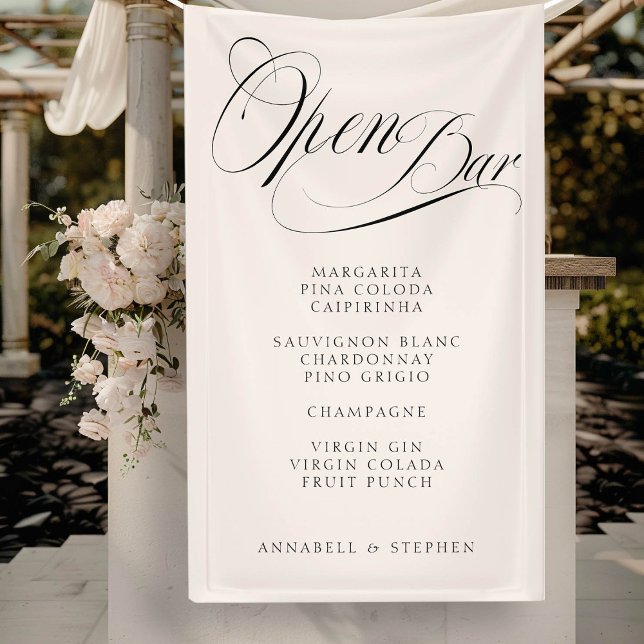 Open Bar! Modern, Calligraphy, Beige  Banner ("Open Bar" Modern, Calligraphy, Beige, Drink Menu Banner for Wedding or other Occasions.)