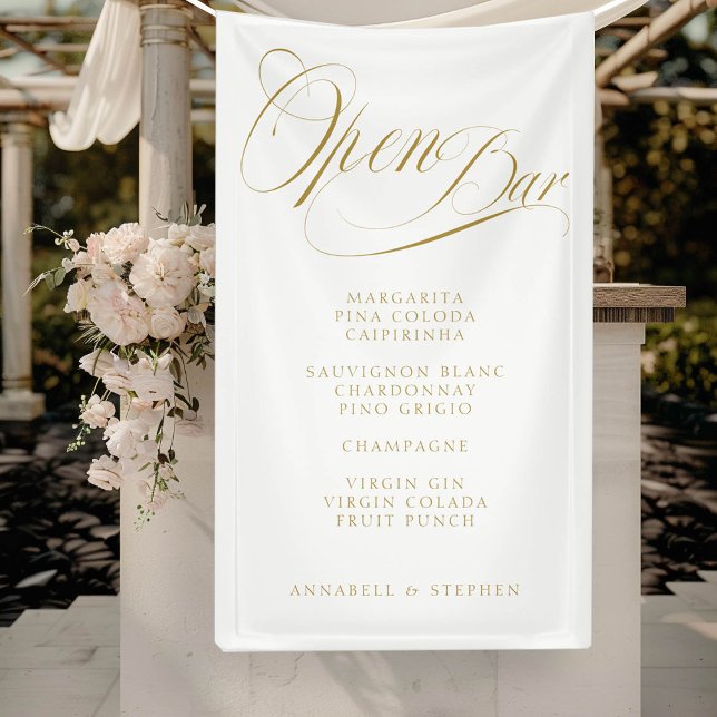 Open Bar! Modern, Calligraphy, White Banner ("Open Bar" Modern, Calligraphy, White, Drink Menu Banner for Wedding or other Occasions.)