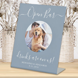 Open Bar Personalised Dusty Blue Pet Dog Wedding Pedestal Sign