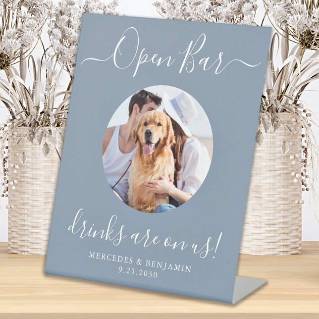Open Bar Personalised Dusty Blue Pet Dog Wedding  Pedestal Sign (Creator Uploaded)