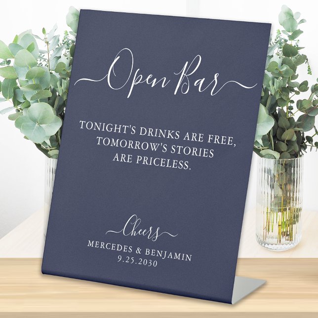 Open Bar Personalised Navy Blue Wedding Drinks Bar Pedestal Sign (Creator Uploaded)