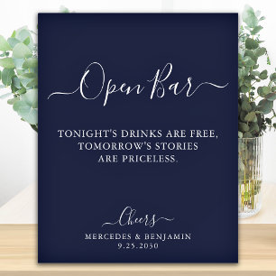 Open Bar Personalised Navy Blue Wedding Drinks Poster