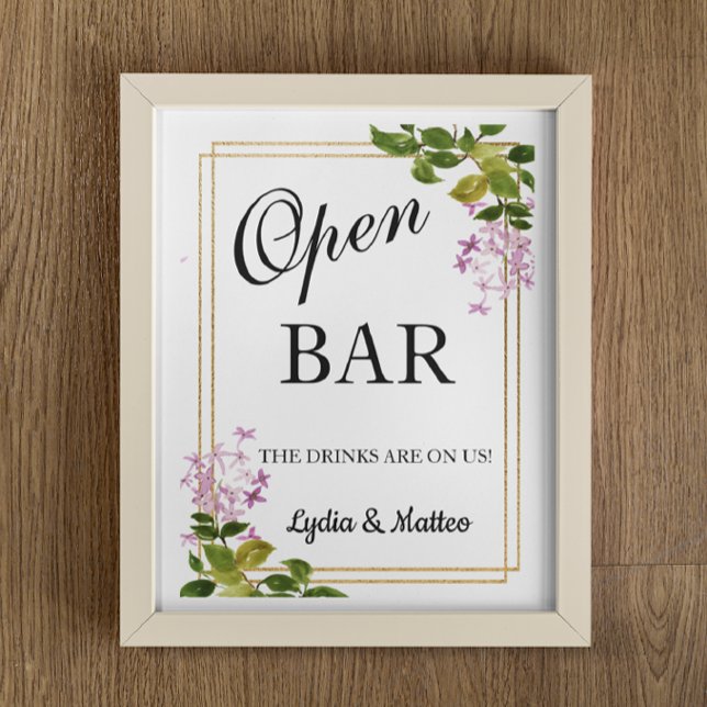 Open Bar Pink Floral wedding sign 8x10 poster (Creator Uploaded)