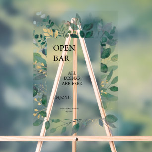 Open Bar Sign Gold and green leaves frame