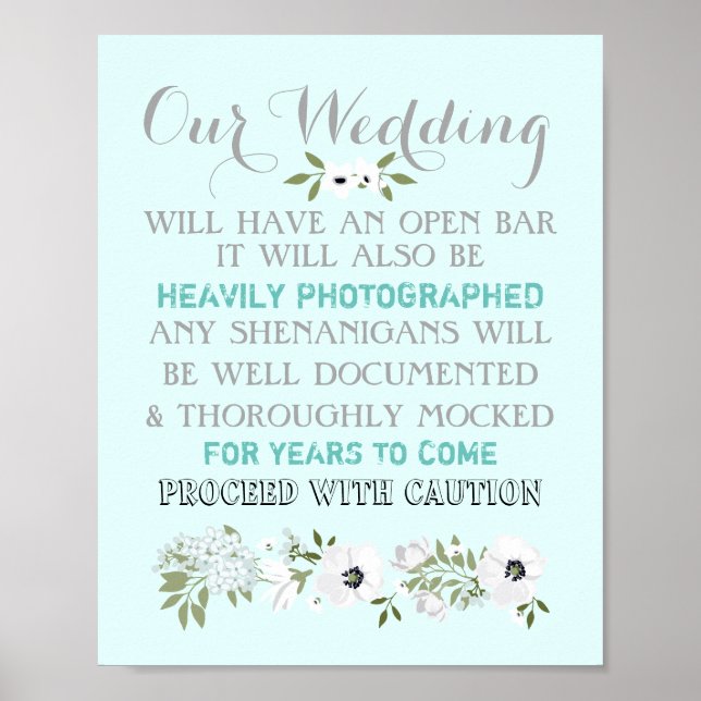 Open Bar Wedding Sign Floral Funny Any Colour (Front)